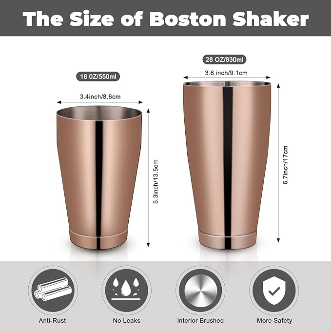 Sabary 6 Pcs Cocktail Shakers Professional Bar Shaker Boston Set Stainless Steel Martini Drink Mixer Basic Tool Weighted Shake Metal Can Cocktail Shaker Set, 18 Oz, 28 oz (Bronze)