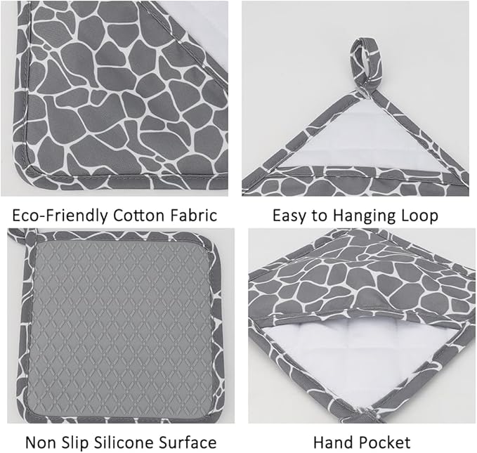 Pot Holders for Kitchen 2 Pack Heat Resistant Hot Pads for Kitchen Counter Decor Silicone Non-Slip Hot Pads with Soft Cotton Lining Pot Holder Trivets for Kitchens Oven Cooking Baking Pans,Gray Stripe