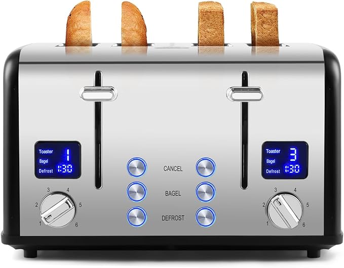 CUSIMAX 4 Slice Toaster with Smart LED Display, Stainless Steel Toaster with Exart Wide Slots, 6 Shade Settings, Bagel, Defrost and Cancel Fuction, 1650 Watts, Removable Crumb Trays, Black