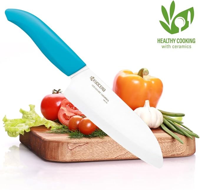 Kyocera Revolution 2-Piece Ceramic Knife Set: Chef Knife For Your Cooking Needs, 5.5" Santoku and 4.5" Utility Knife, White Blades with Blue Handles, White/Blue