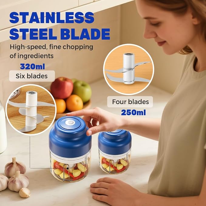 2026 Electric Garlic Chopper with USB Rechargeable Design, Portable Food Processor for Garlic, Onion, Chili, Nuts, Vegetables, One-Touch Mini Kitchen Helper (Blue, 250ml)