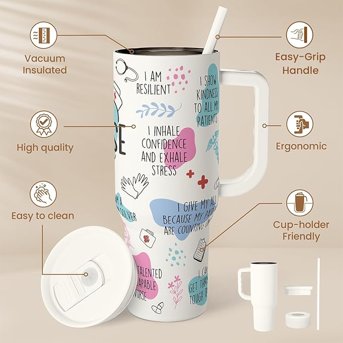 SANDJEST Nurse Tumbler with Handle 40oz, Coffee Travel Mug with Straw, Inspiration Gifts for Women Female Nurses, Nursing Gift for Birthday Christmas Nurse Week