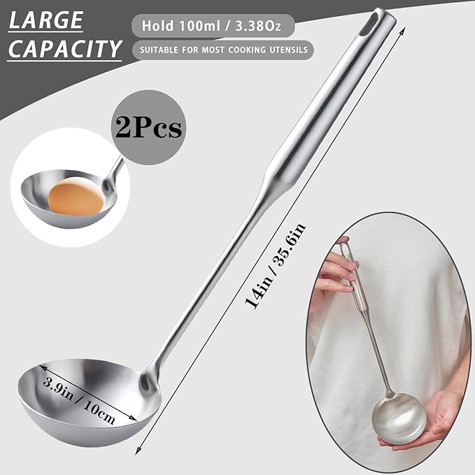 Soup Ladle, 2Pcs Stainless Steel Ladle spoon, 14 Inch Serving Spoon Heavy Duty kitchen Utensils for Cooking Buffet, Party, Kitchen, Silver