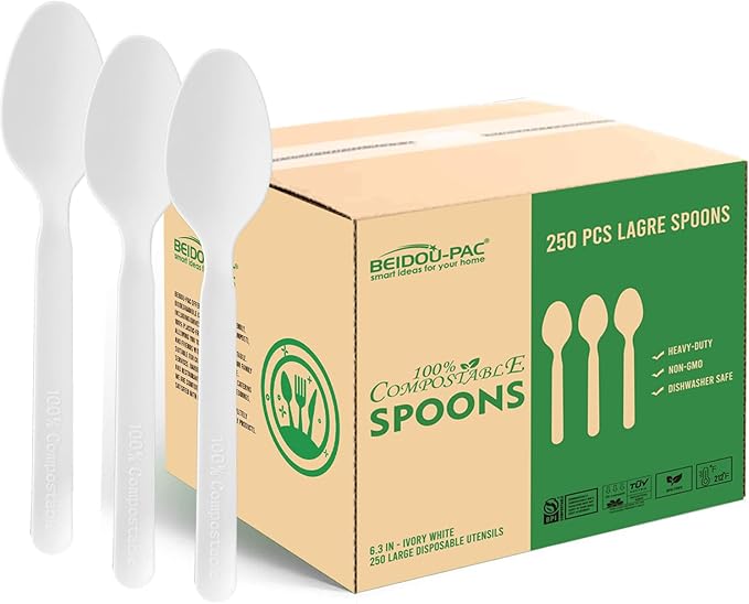 Compostable Spoons 250 Count, 7 In Large Disposable Biodegradable Flatware, Eco Friendly Durable Heat Resistant Cutlery Silverware Alternative to Plastic Spoons, BPI Certified