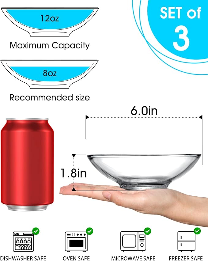 NUTRIUPS 3 Pack 6inch Tempered Glass Sauce Dishes, 8oz Small Dip Bowls, Small Candy Dishes, Mini Prep Bowls