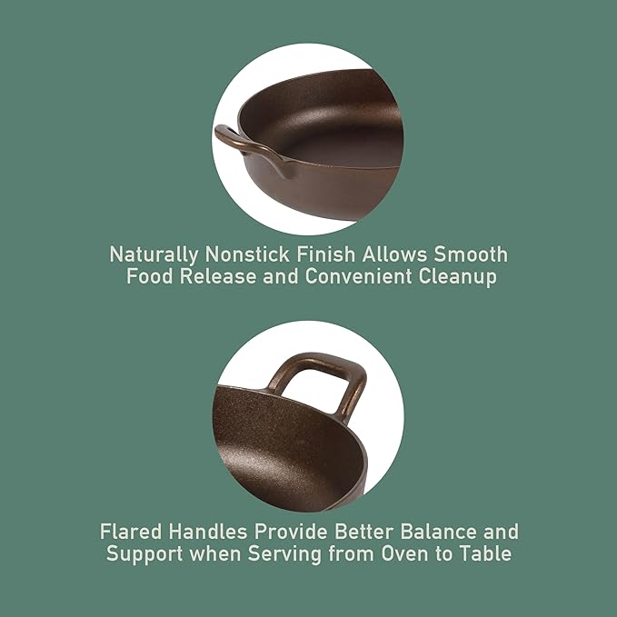 Bloomhouse - Two Time Oprah's Favorite Things Winner - Natural Bronze Finish 13" Round Cast Iron Everyday Pan – Olive Oil Treated Surface w/Dual Handles Olive Wood Trivet Oven Stovetop Campfire Safe