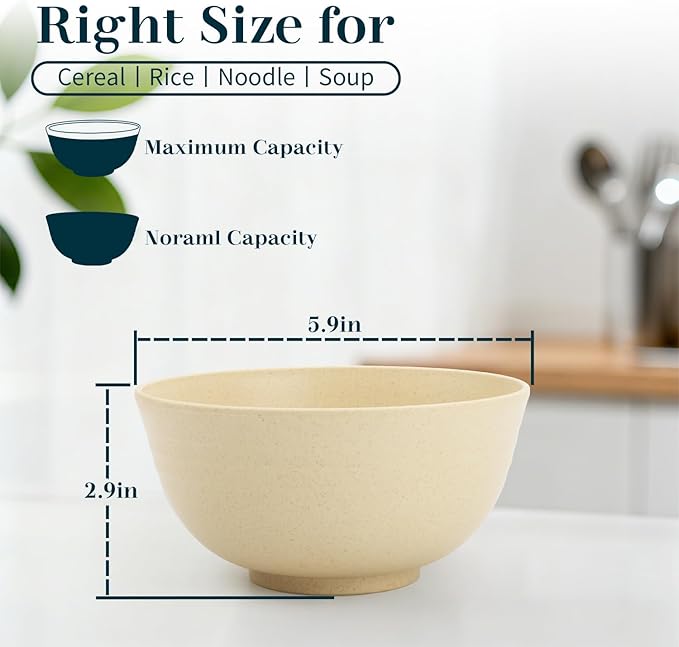 Wheat Straw Bowls Set of 8, Unbreakable Cereal Bowl 26 OZ, Microwave and Dishwasher Safe Bowl for Dinner, Breakfast, Serving, Reusable Plastic Bowls for Kitchen, Soup, Ramen, Salad - Beige