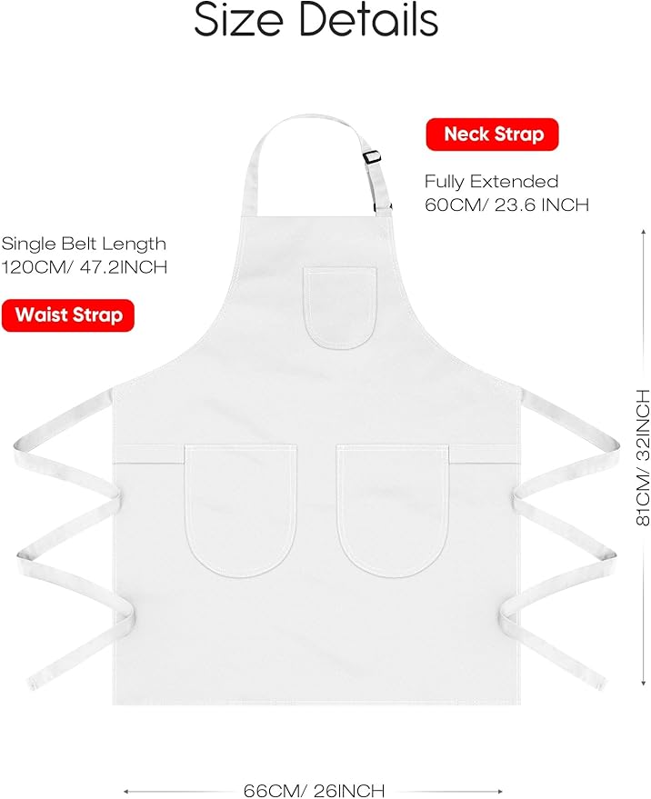 Unisex Apron with Pockets for Cooking, Salon & Art - 100% Cotton Adult Kitchen, Chef, Stylist Apron (White)