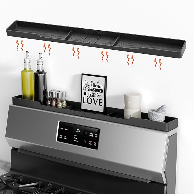 Bumusty Silicone Magnetic For Back Of Stove, Over The, Magnetic, Kitchen Spice Rack Organizer, Oven Shelf For Top Of Stove - Black