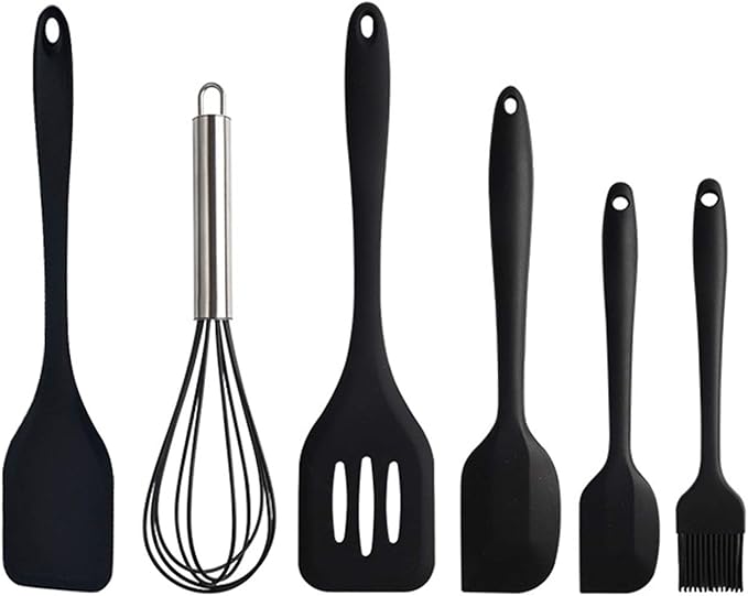 Gullor Silicone Kitchen Utensils Baking Tool Set, Cooking Spoon, Spatula, Whisk, Brush, Scraper, 6 Pieces in Set, Black