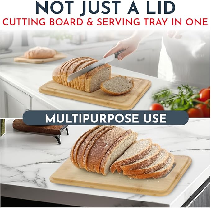 Culinary Couture White Bread Box for Kitchen Countertop with Bamboo Lid - Large BreadBox for Homemade Bread - Storage BreadBox with Cutting Board Lid