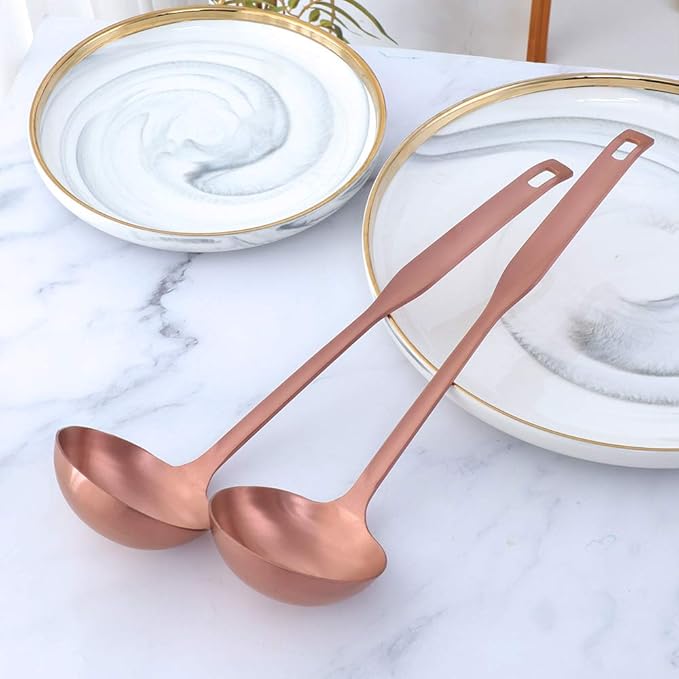 Buyer Star 2 Pcs Soup Ladle Spoons, Rose Gold Cookware Serving Long Handle Steel Slotted Spoon Cooking Utensil Set for Hotpot