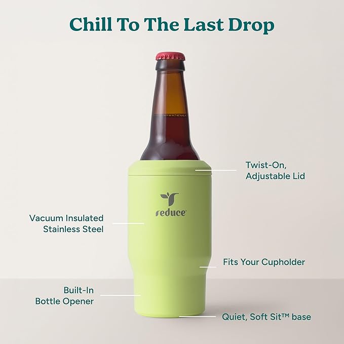 Reduce 4-in-1 Drink Cooler - Versatile Can & Bottle Holder with Vacuum Insulation - Keeps Drinks Cold Up to 4 Hours - Includes Bottle Opener - Fits Cupholders & Dishwasher Safe - 14oz - Mojito