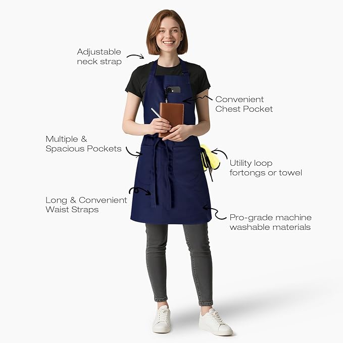 Unisex Apron with Pockets for Cooking, Salon & Art - 100% Cotton Adult Kitchen, Chef, Stylist Apron (Blue)