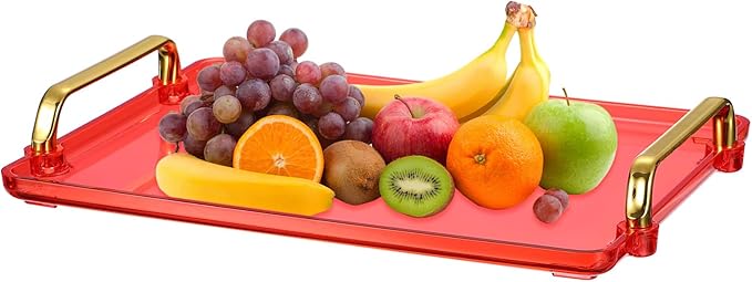 uxcell Plastic Serving Tray with Golden Handle, 12 x 8.6 Modern Rectangular Decorative Tray Acrylic Reusable Tea Platter for Countertop Bathroom Kitchen Home Restaurant, Clear Red
