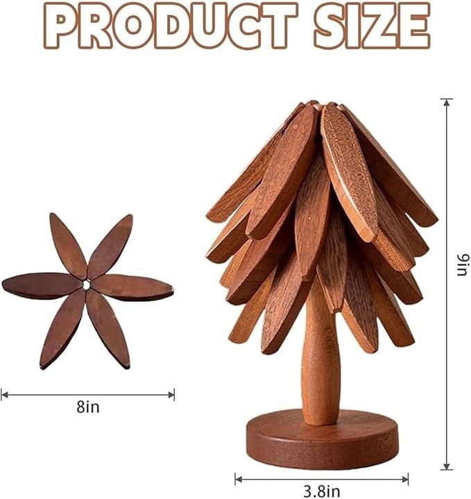 Natural Tree Trivet Set 4 Wooden Trivets and 1 Stand Like a Christmas Tree Wooden Hot Pads Heat Resistant Trivets for Kitchen Table Decor (Walnut-3 Piece)