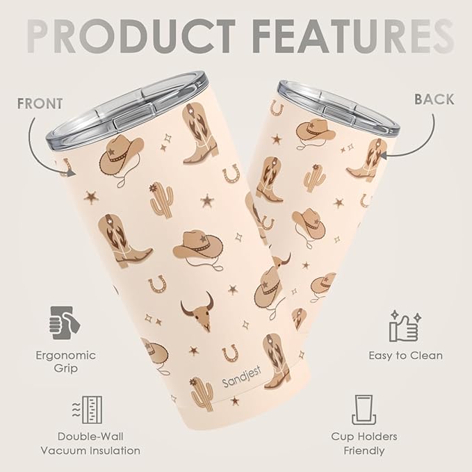 SANDJEST Cowgirl Tumbler 20oz, Stainless Steel Travel Cup with Lid, Insulated Coffee Mug, Cowgirl Gifts for Women Girls Friends Sisters on Birthday Christmas (Beige)
