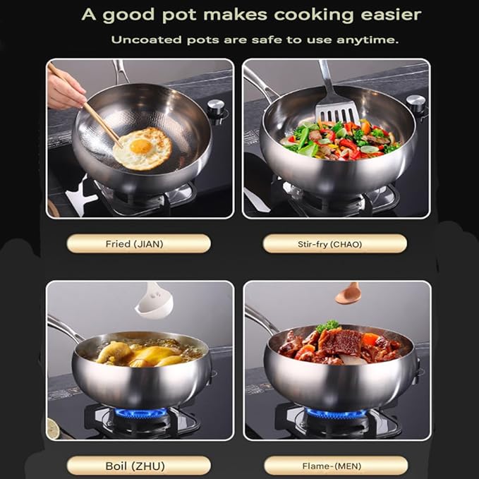 Titanium Hammered Pan, Thickened Multi-Layer Titanium Stock Pot, Titanium Wok Pan, Scratch-Resistant Non Stick Titanium Frying Pans, Even Heating for Cooking,No lid,10.23in