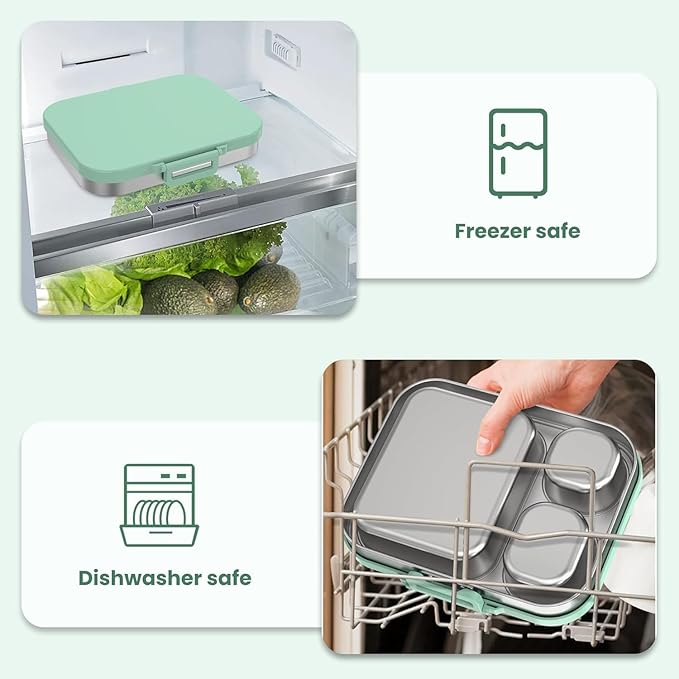 Stainless Steel Lunch Box: Metal Bento Box for Kids Adults - Leak-Proof 3 Compartments,Green