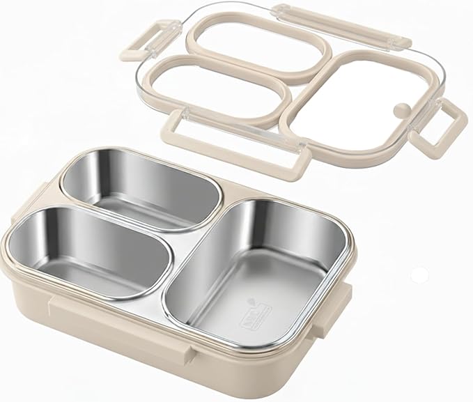 304 Stainless Steel Bento Box for Adults & Kids, 25 Oz Leakproof Metal Lunch Box with 3 Compartments, BPA-Free, Reusable & Dishwasher Safe Food Container for School,Office,Picnic,Travel(Cream)