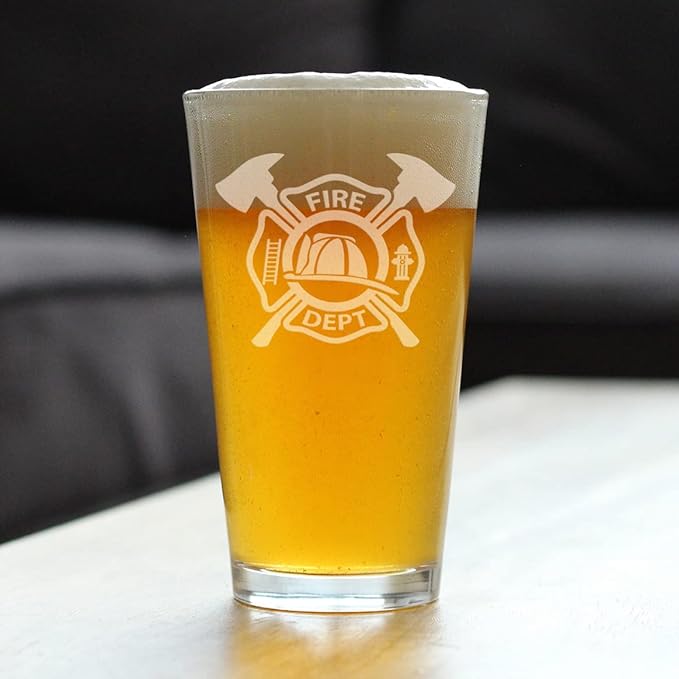 Firefighter Symbol Pint Glass for Beer - Unique Fireman Beer Glass Gifts for Firefighters - 16 Oz