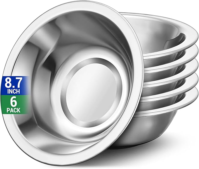 304(18/8) Stainless Steel Mixing Bowls for Kitchen, 6 Pack 8.7" 34.88 fl.oz Metal Mixing Bowls Set Stackable for Baking Serving Cooking Food Prep Storage Dishwasher Safe Heavy Duty