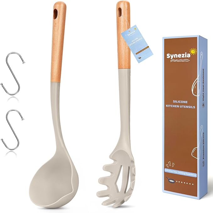 Silicone Soup Ladle Spoon, Kitchen Soup Cooking Spoons Set, Large Spaghetti spoon, Nonstick Pasta Spoon, Heat Resistant Pasta Fork for Serving Soup, Noodle, Sauce