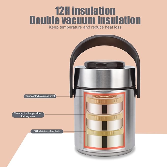 Stackable Food Containers, 1500 ml Stainless Steel Wide Mouth Lunch Box, Reusable Vacuum Insulated Food Jar for Adult (20cm/7.9in * 14cm/5.5in)