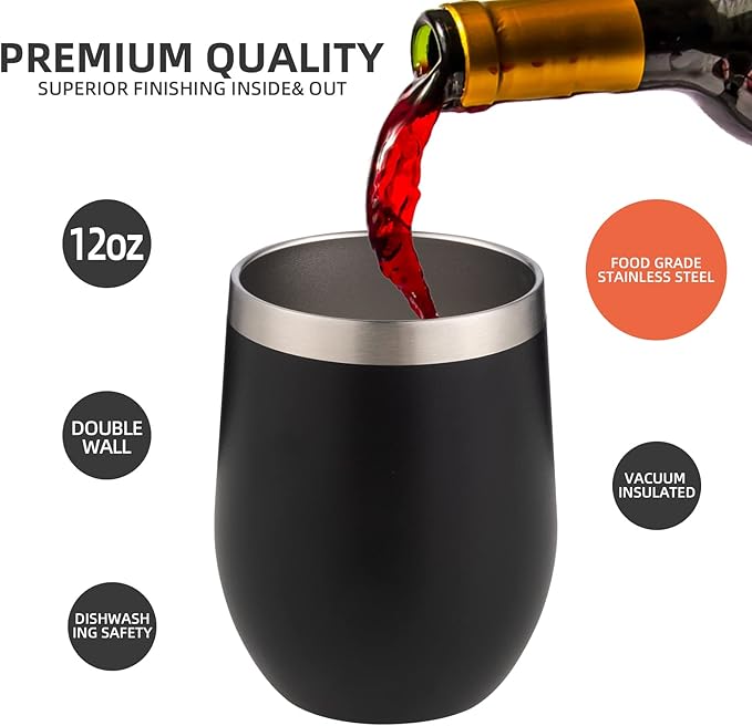 12 oz Insulated Wine Tumbler with Lid and Straw,Stainless Steel Stemless Wine Tumbler Glasses Double Wall Vacuum Wine Cups Tumbler Bulk for Coffee,Champaign,Cocktail（Black,1）