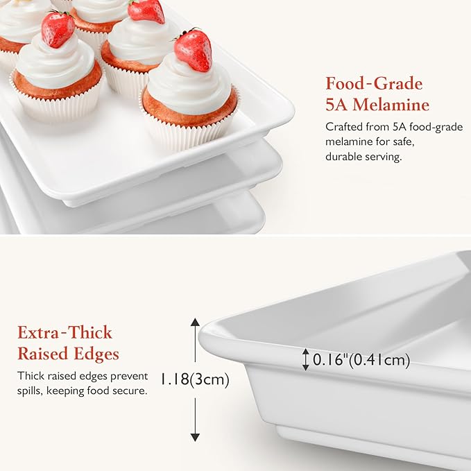 Extra Large Serving Tray Melamine Plastic for Party Supplies, 14" x 7" Platters for Serving Food, 4 pcs White Reusable Tray for Veggie, Snack, Fruit, Cookies, Desserts in Kitchen/Pantry Organization