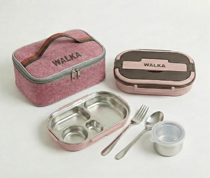 WALKA Lunch Box Stainless Steel, Metal Bento Boxes Leak-Proof, 4 Compartments Bento Lunch Box, Food Storage Containers, Dishwasher Safe with Bag (Pink)