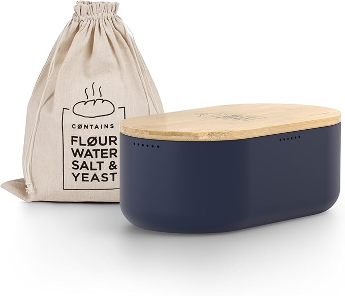 LARS NYSØM Bread Box I Metal Box with linen bag for long lasting freshness I Bread Bin with bamboo lid usable as cutting board I 14.2x7.5x5.1 In (Midnight Blue)