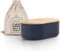 LARS NYSØM Bread Box I Metal Box with linen bag for long lasting freshness I Bread Bin with bamboo lid usable as cutting board I 14.2x7.5x5.1 In (Midnight Blue)