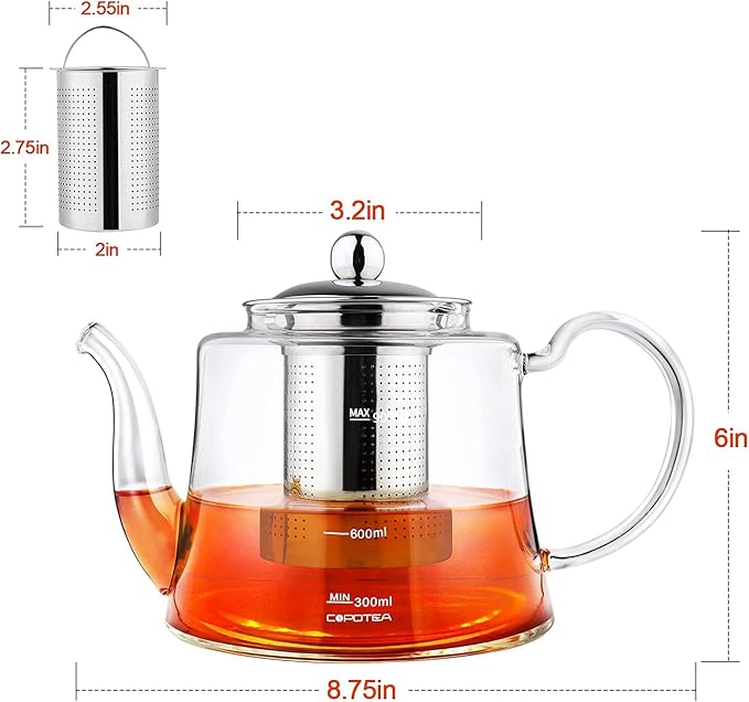 Glass Tea kettle Stovetop Safe, 40oz/1200ml Glass Teapot Gift Set with 4 Teacups, Tea Pot with Removable Infuser for Loose Leaf and Blooming Tea