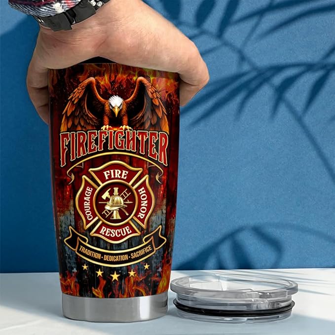 SANDJEST Firefighter Tumbler 20oz Stainless Steel Insulated Coffee Travel Mug Cup Firefighter Gifts for Men Firemen Gift for Birthday Christmas Fathers Day