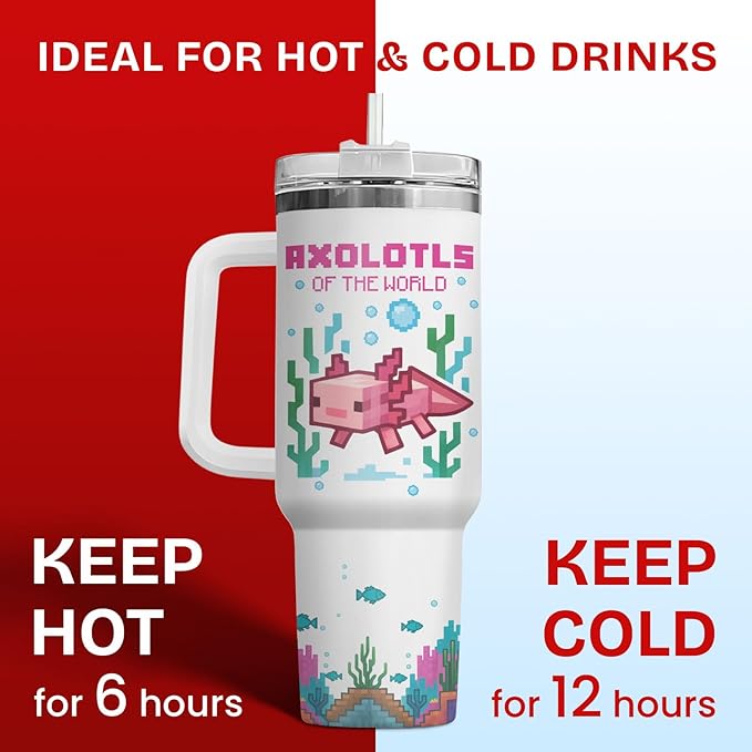 34HD Pixel Axolotl 40oz Tumbler with Handle and Straw – Cute Sea Animal Stainless Steel Water Cup – Insulated Coffee Travel Mug for Kids, Gamers, Women, Axolotl Lovers, Birthday Gift Christmas Gift