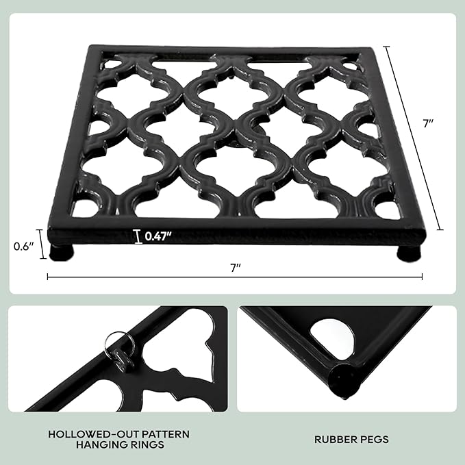 JOGREFUL Cast Iron Trivet Mats, Kitchen Pot Holders to Portect Table/Countertops, Heat Resistant Mats for Teapot/Hot Dishers/Plates, Vintage Mats with Weighted-Base, Black