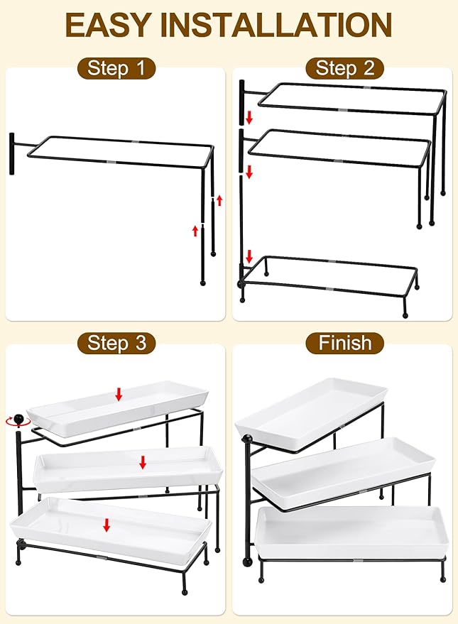 Yedio 3 Tiered Serving Stand, Foldable Rectangular Food Display Stand with White Platters - Serving Trays, Dessert Display Server for Brithday Party, Valentine's Day and Events