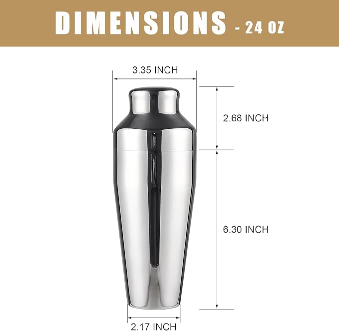 Cocktail Shaker, Martini Shaker, 24oz Stainless Steel, Leakproof Alcohol Bartending, Mirror Finish, Drink Shaker for Cocktails, Christmas Gifts for Men（Silver）