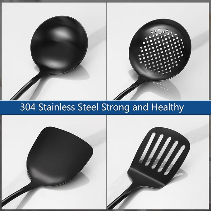 304 Stainless Steel Kitchen Utensils Set, 4 Pcs Long Cooking Utensils Set with Wooden Handle, Large Heat Resistant Kitchen Tools(Black, Dishwasher Safe)