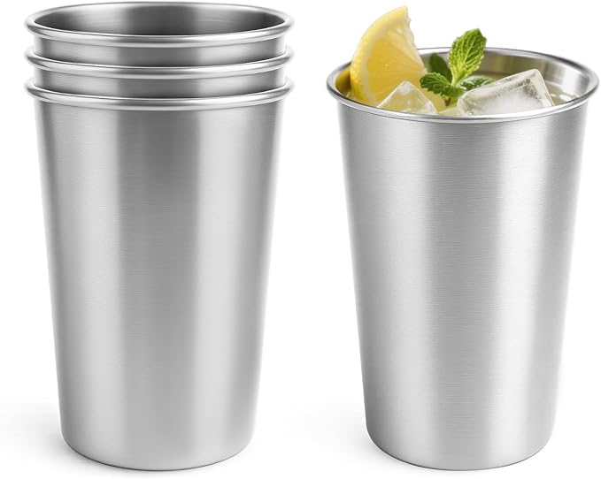 4 Pack 12oz Stainless Steel Cups, Stainless Steel Stacking Beer Pint Cups, Stainless Steel Water Tumbler for Home, Party, Camping, Outdoor, Stackable Drinking Glasses, Reusable, BPA Free