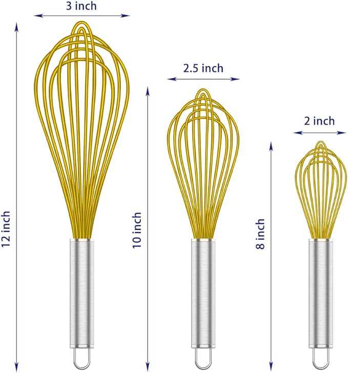Yellow Silicone Whisk, Professional Whisks For Cooking Non-Scratch, Stainless Steel & Silicone Wisk, Plastic Rubber Whisk Tool For Nonstick Cookware Pans, Silicon Wisks Set of 3.