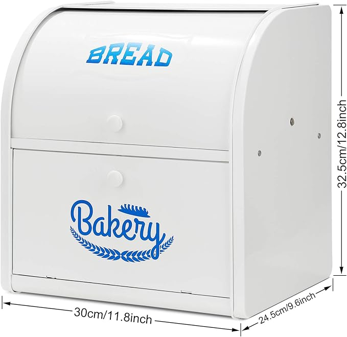 Bread Box, Metal Bread Box for Kitchen Countertop, 2 Layer Roll Top Bread Boxes, Stainless Steel Bread Storage, Kitchen Counter Bread Bin, Airtight Holder for Homemade Bread（White）