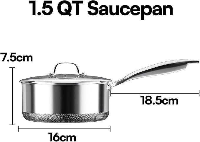 Stainless Steel Sauce pan with Lid, KURRUNGIE 1.5 QT Saucepan with Lid, PFOA Free 6.3-inch 5-Ply Stainless Steel Pans for Cooking, Induction Cookware Oven and Dishwasher Safe