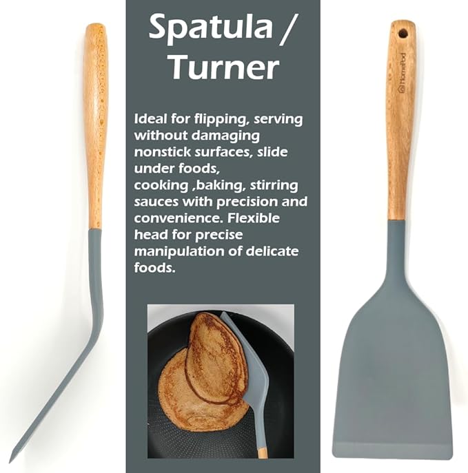 Pack of 3 Silicone Spatula Set 15 inches Large Heat Resistant 600F Flipper Cooking Fish Baking Egg Pancake Won't Scratch Kitchen Cookware, Turner Rubber Spatulas Ladle Spoon Skimmer Espatula (Gray)