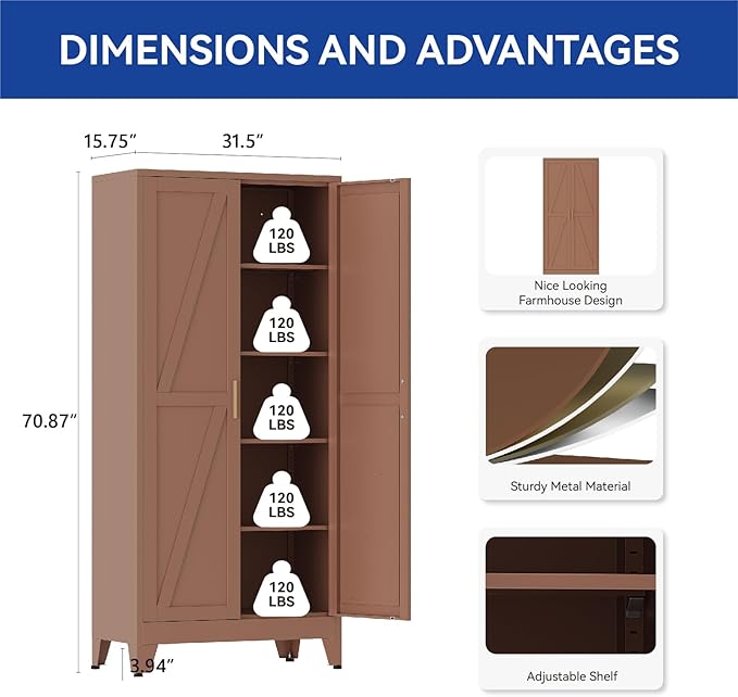 COFaR 71 in Tall Metal Storage Cabinet, Metal Cabinet with 4 Adjustable Shelves and Barn Doors, Farmhouse Cupboard Storage for Kitchen Pantry Garage, Brown 5-Tier