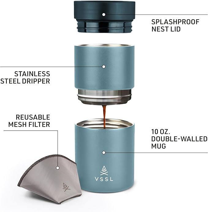 VSSL - Nest Pour Over Coffee Set | Coffee Maker for Camping | All-In-One Travel Pour Over | Transportable Dripper, 10oz Stainless Steel Travel Mug | Compact Storage & Adventure Ready | Everglade