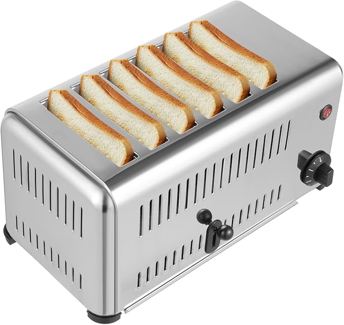 1680W Commercial Toaster, Commercial 6 Slices Stainless Steel Toaster 2 Modes Electric Machine with 1-5 Minutes Timier & Pull-Out Crumb Tray for Home, Bakery 16.1 x 8.7 x 8.5 Inch