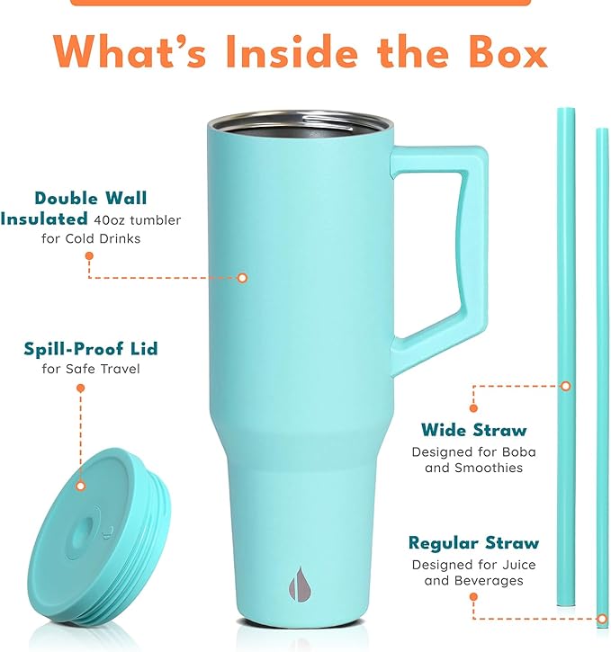 Elemental 40oz Tumbler with Handle and Straw - Spill Proof Insulated Stainless Steel Commuter for Hot & Cold Beverages - Travel Coffee Mug with 2 Straws & Spill Proof Lid - 40 oz - Robin's Egg