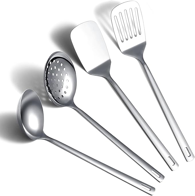 Stainless Steel Kitchen Utensils Set, 4-Piece – Slotted Turner, Solid Turner, Skimmer & Ladle – Rust-Resistant, Long Handle, Hanging Loop, Dishwasher Safe – Everyday Cooking & Serving